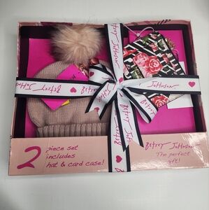 Betsey Johnson Pom Tan Hat and Floral Wallet Card Case Gift Set NWT